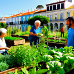 A vibrant community garden in Lisbon, Portugal, overflowing with herbs and vegetables. Neighbors of all ages are tending to the plants, laughing and chatting. Sunlight streams through the leaves, creating a warm and inviting atmosphere. In the background, traditional Portuguese architecture can be seen. fully clothed, appropriate attire, safe for work, perfect anatomy, natural proportions, family-friendly, professional photography, high quality.