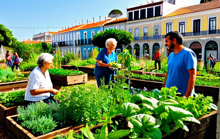 A vibrant community garden in Lisbon, Portugal, overflowing with herbs and vegetables. Neighbors of all ages are tending to the plants, laughing and chatting. Sunlight streams through the leaves, creating a warm and inviting atmosphere. In the background, traditional Portuguese architecture can be seen. fully clothed, appropriate attire, safe for work, perfect anatomy, natural proportions, family-friendly, professional photography, high quality.