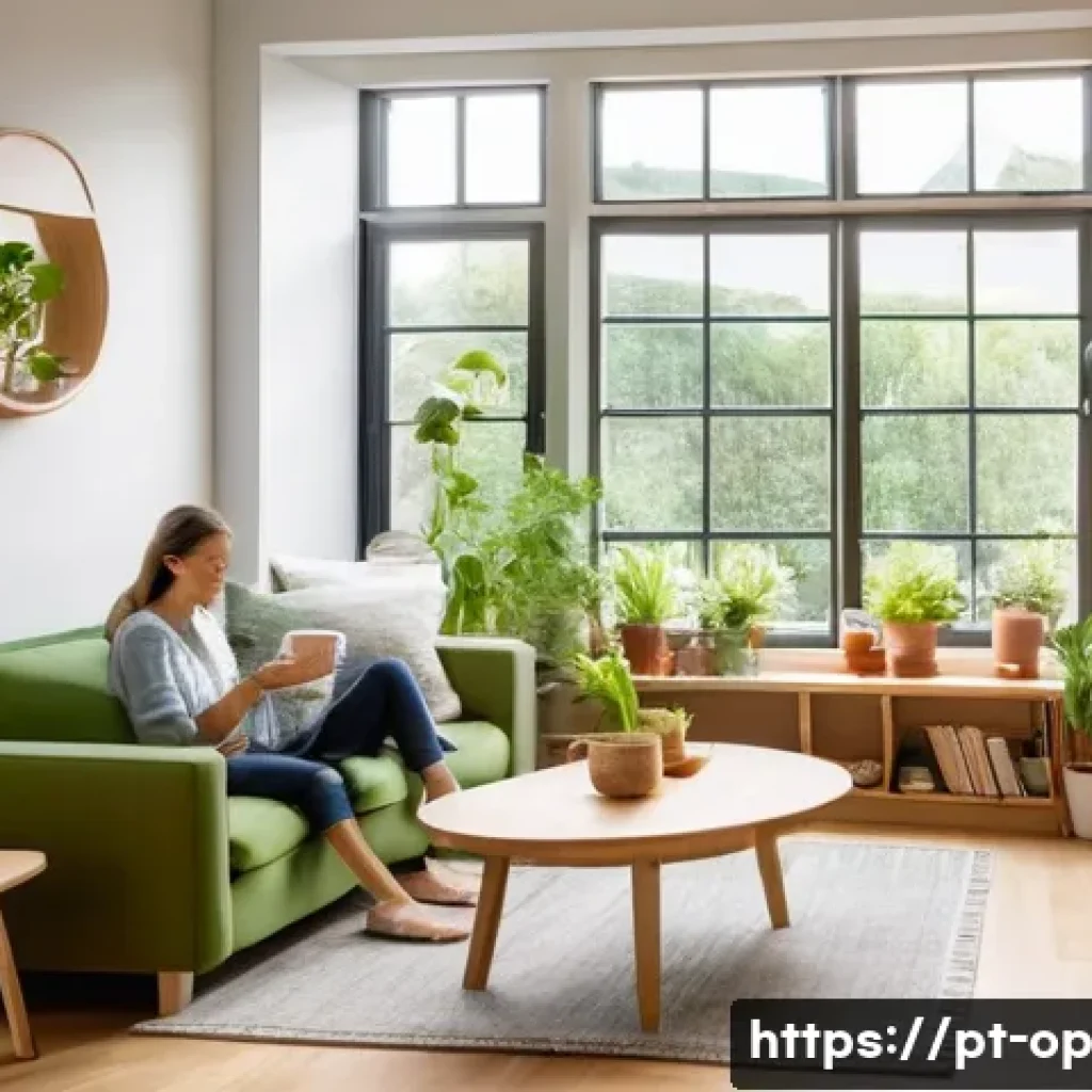 집단 거주를 위한 심리적 지원 시스템 - A serene and sun-drenched interior of a modern cohousing common area. Large windows flood the space ...