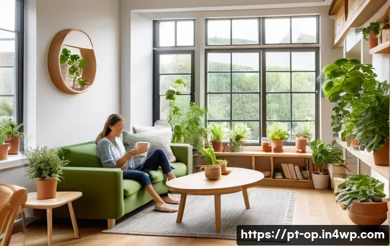 집단 거주를 위한 심리적 지원 시스템 - A serene and sun-drenched interior of a modern cohousing common area. Large windows flood the space ...