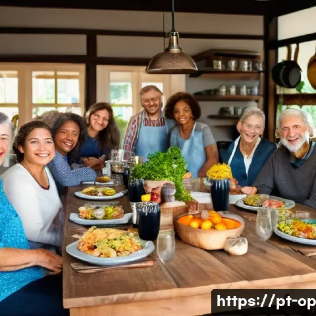 집단 거주에서의 음식 및 식사 공유 - A warm and inviting community kitchen scene where diverse neighbors of various ages gather around a ...
