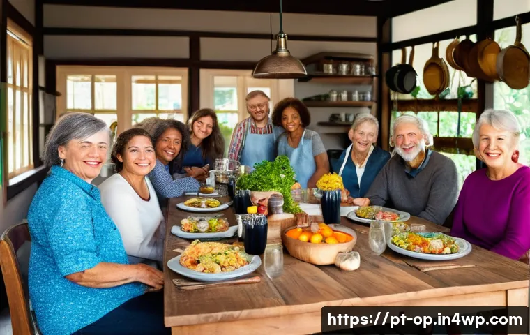 집단 거주에서의 음식 및 식사 공유 - A warm and inviting community kitchen scene where diverse neighbors of various ages gather around a ...