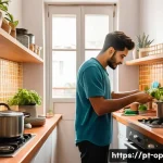 Home 21 공유 주거의 사회적 이점 분석 - A cozy shared apartment kitchen scene in São Paulo, Brazil, showing diverse young adults casually in...