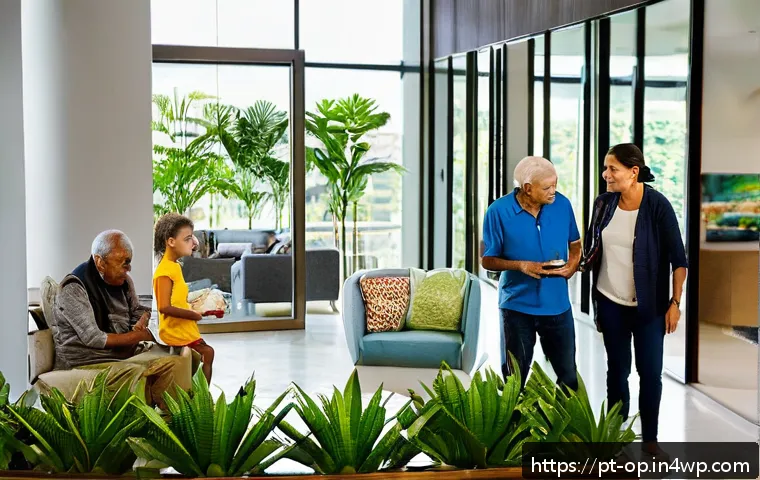 집단 거주에서의 갈등 관리 전략 - A diverse group of condominium residents in a modern Brazilian apartment building lobby, engaged in ...